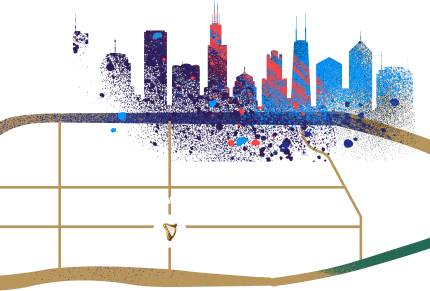 artistically rendered skyline of Chicago with street map below indicating brewery location