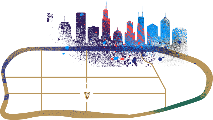 artistically rendered skyline of Chicago with street map below indicating brewery location